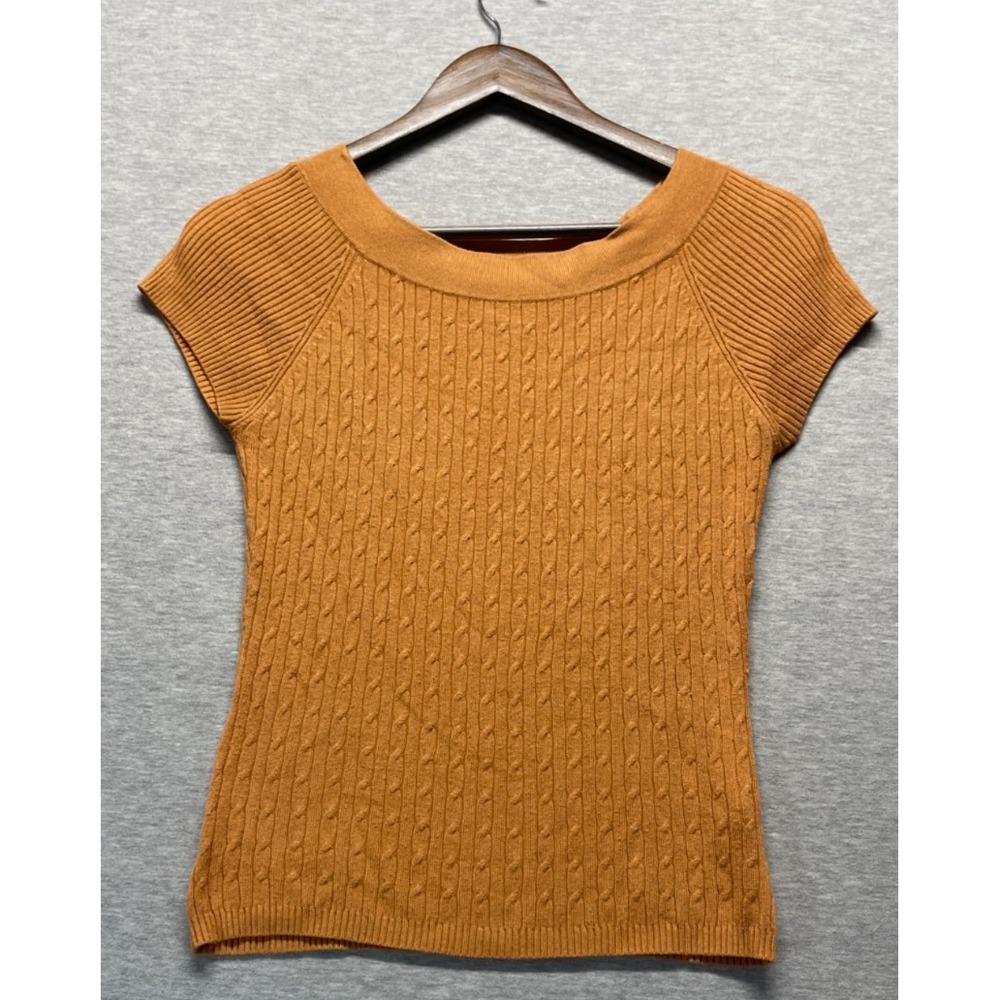 Tiara International Cable Knit Sweater Womens Small Mustard Yellow Short Sleeve